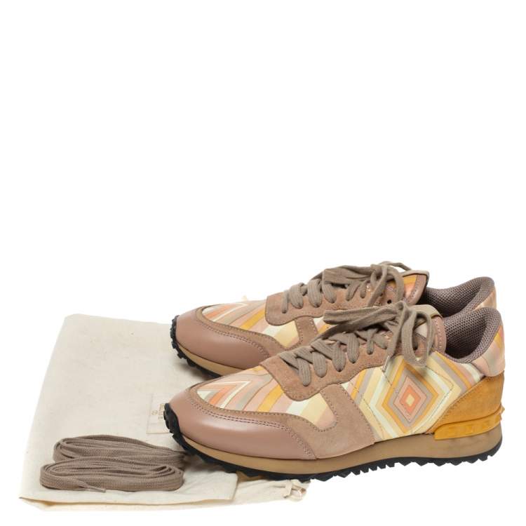 Pre Owned Valentino Multicolor Native Couture Leather And Suede Rockrunner Low Top Sneakers Size 37.5