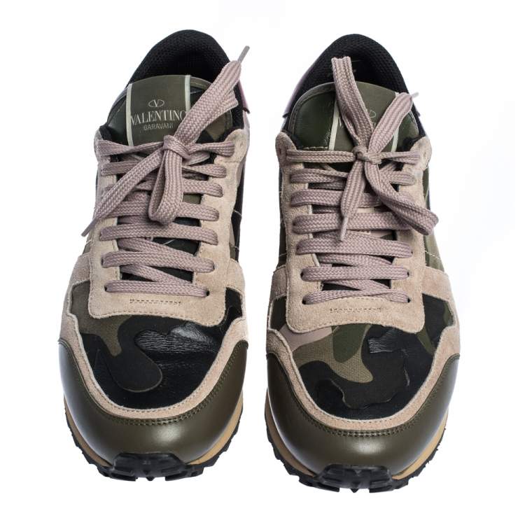 Pre Owned Valentino Multicolor Camo Suede And Leather Rockrunner Sneakers Size 40.5