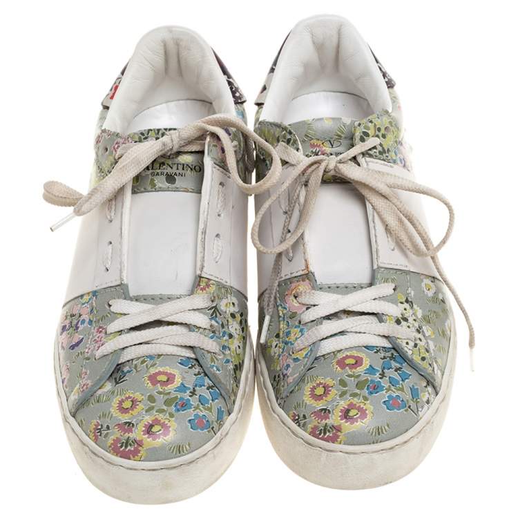 Pre Owned Valentino White Floral Printed Leather Open Sneakers Size 37.5