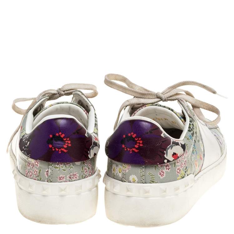Pre Owned Valentino White Floral Printed Leather Open Sneakers Size 37.5