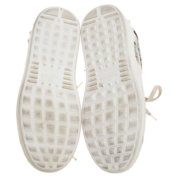 Pre Owned Valentino White Floral Printed Leather Open Sneakers Size 37.5