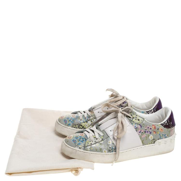Pre Owned Valentino White Floral Printed Leather Open Sneakers Size 37.5