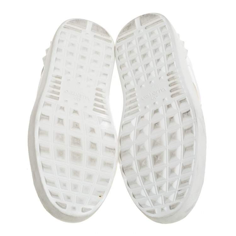 مملوكة مسبقًا  Valentino White And Metallic Gold Band Leather Open Low Top Sneakers Size 38
