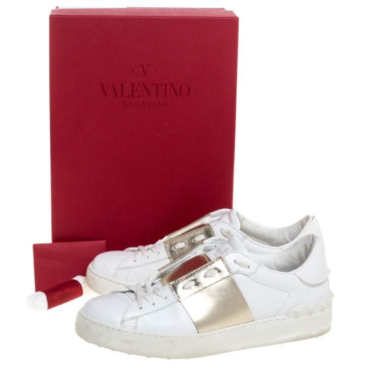 مملوكة مسبقًا  Valentino White And Metallic Gold Band Leather Open Low Top Sneakers Size 38