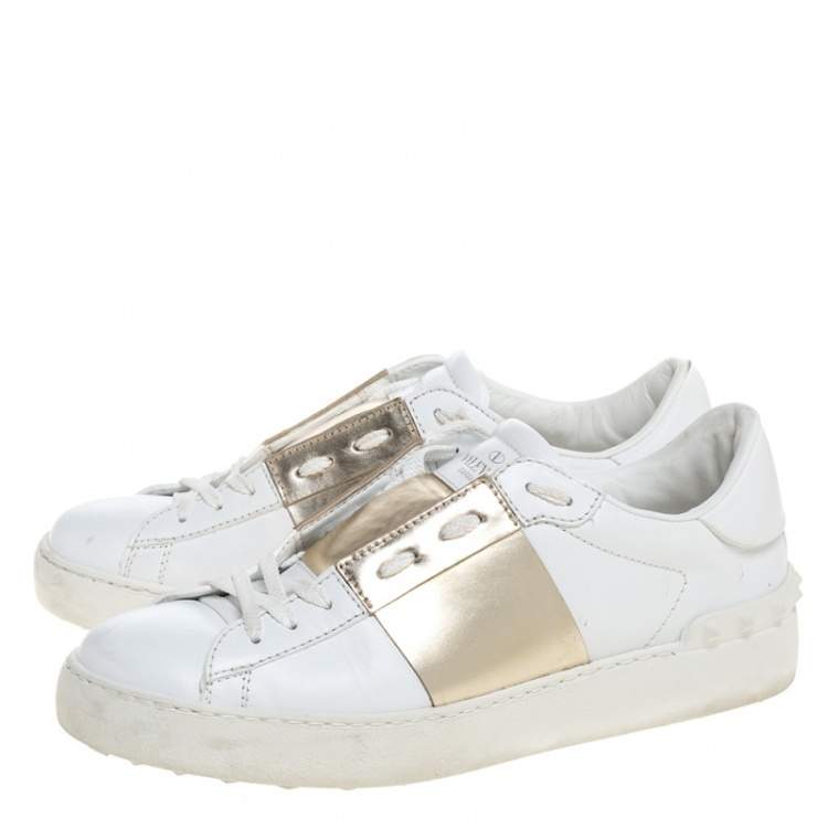 مملوكة مسبقًا  Valentino White And Metallic Gold Band Leather Open Low Top Sneakers Size 38