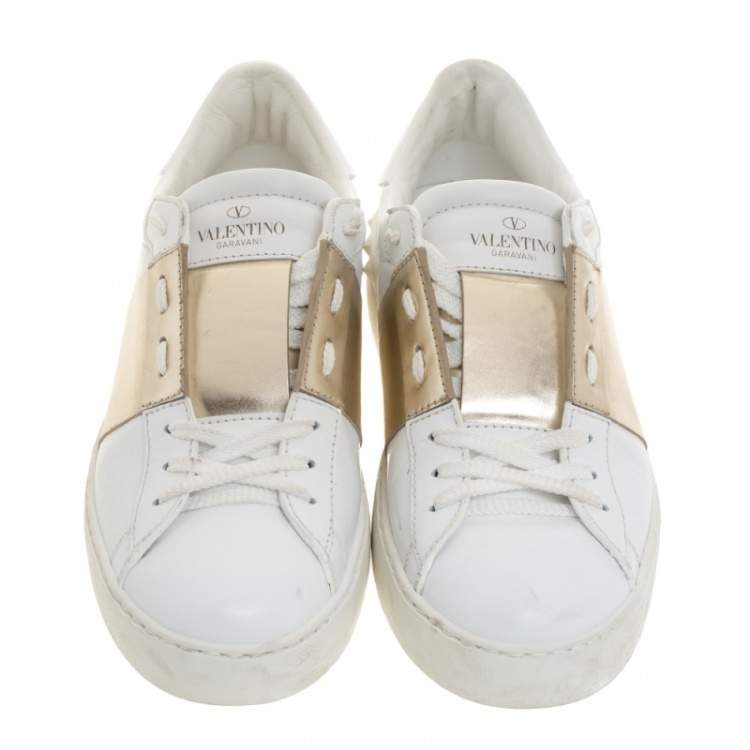 مملوكة مسبقًا  Valentino White And Metallic Gold Band Leather Open Low Top Sneakers Size 38