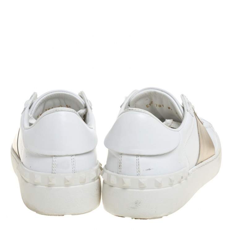 مملوكة مسبقًا  Valentino White And Metallic Gold Band Leather Open Low Top Sneakers Size 38