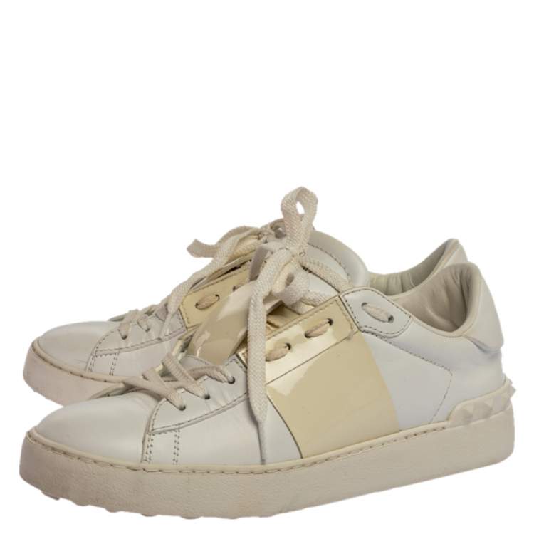 Pre Owned Valentino White Leather Rockstud Low Top Sneakers Size 37.5