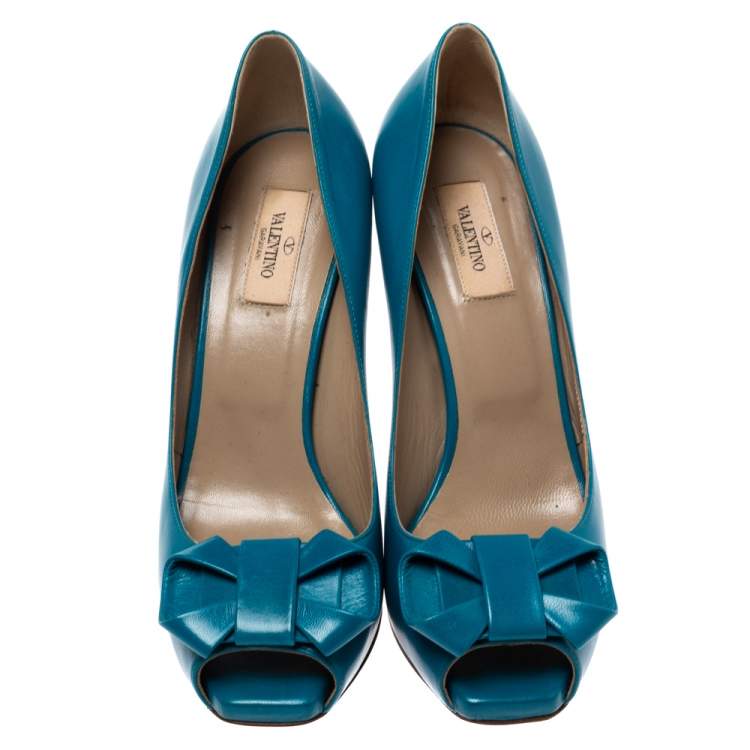 Pre Owned Valentino Blue Leather Bow Detail Peep Toe Pumps Size 40