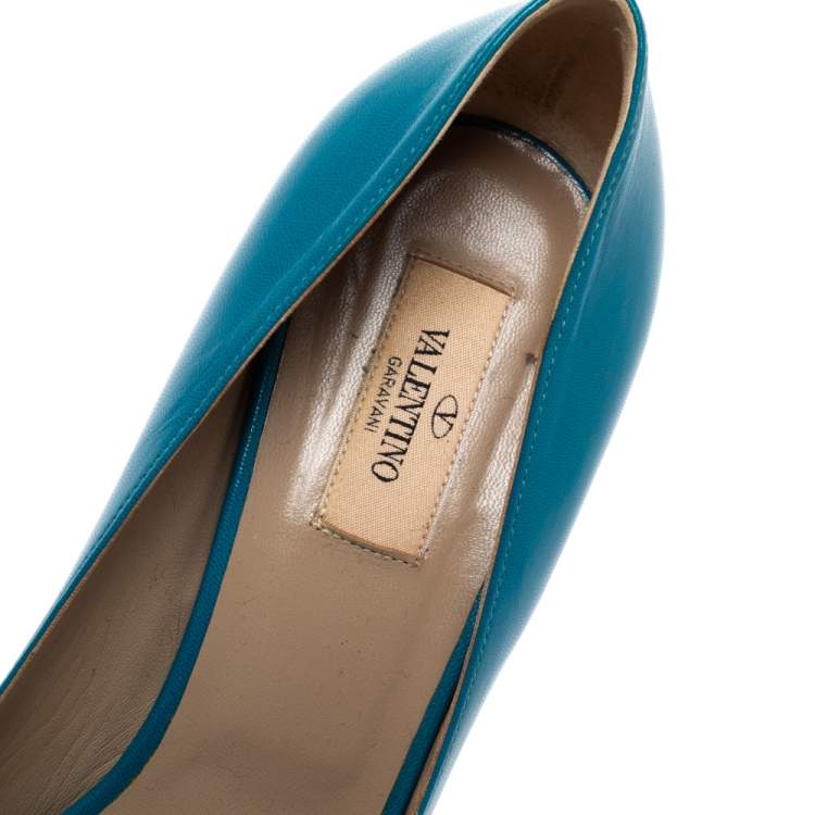 Pre Owned Valentino Blue Leather Bow Detail Peep Toe Pumps Size 40