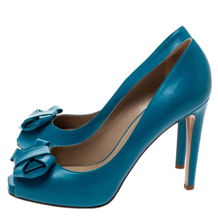 Pre Owned Valentino Blue Leather Bow Detail Peep Toe Pumps Size 40