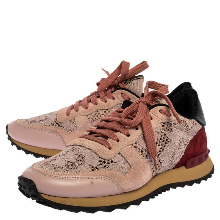Pre Owned Valentino Slate Pink Lace and Suede Rockrunner Sneakers Size 39