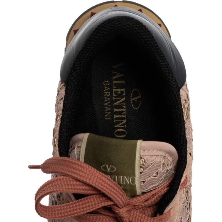 Pre Owned Valentino Slate Pink Lace and Suede Rockrunner Sneakers Size 39