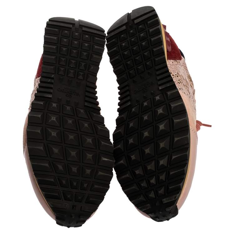 Pre Owned Valentino Slate Pink Lace and Suede Rockrunner Sneakers Size 39