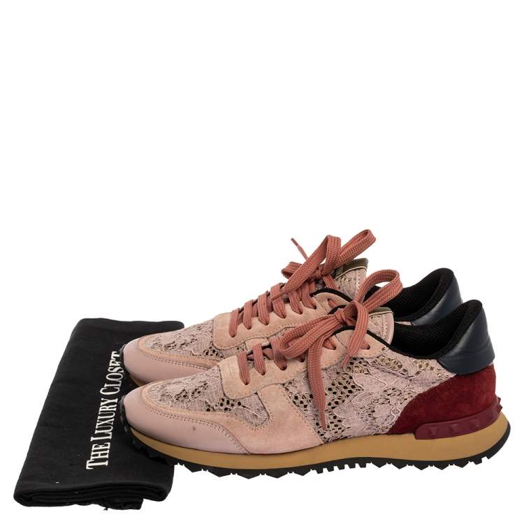 Pre Owned Valentino Slate Pink Lace and Suede Rockrunner Sneakers Size 39