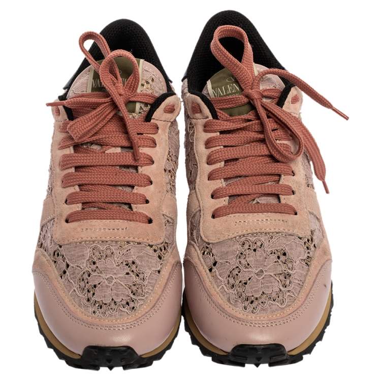 Pre Owned Valentino Slate Pink Lace and Suede Rockrunner Sneakers Size 39