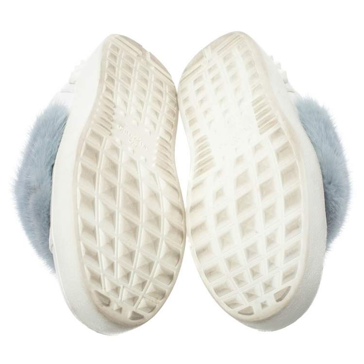 Pre Owned Valentino White/Grey Mink Fur And Leather Rockstud Low Top Sneakers Size 40.5