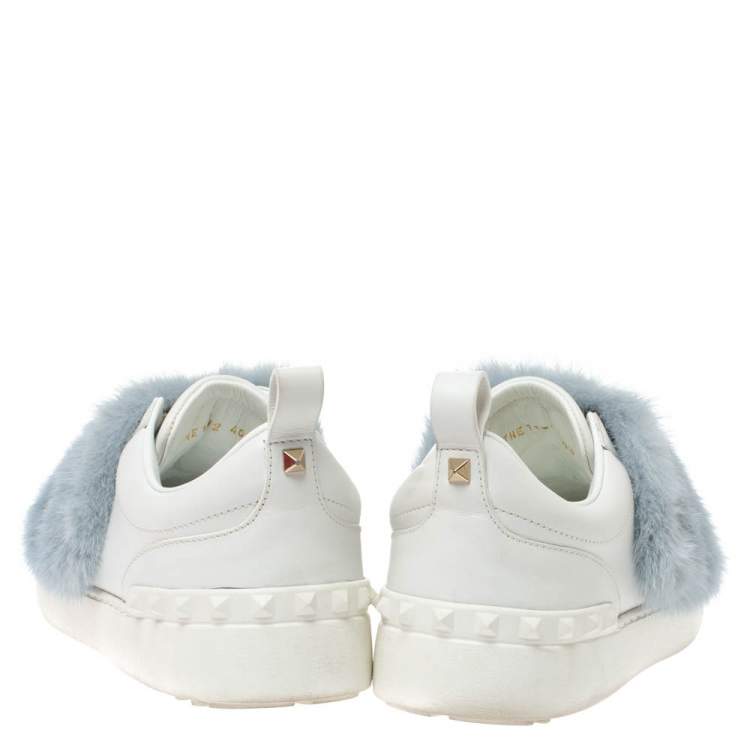 Pre Owned Valentino White/Grey Mink Fur And Leather Rockstud Low Top Sneakers Size 40.5