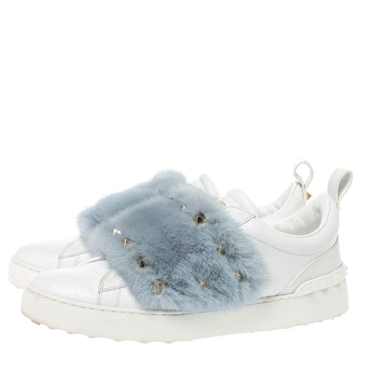 Pre Owned Valentino White/Grey Mink Fur And Leather Rockstud Low Top Sneakers Size 40.5