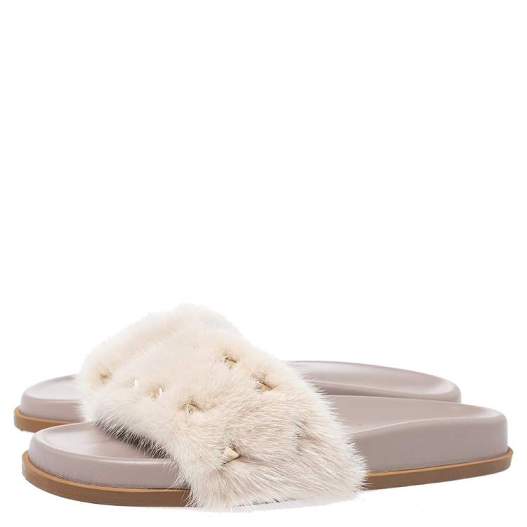 Valentino Beige Mink Fur Rockstud Flat 