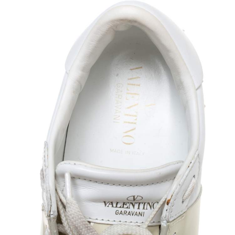 Pre Owned  Valentino White And Beige Patent Leather Band Open Low Top Sneakers Size 38