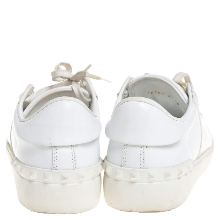 Pre Owned  Valentino White And Beige Patent Leather Band Open Low Top Sneakers Size 38