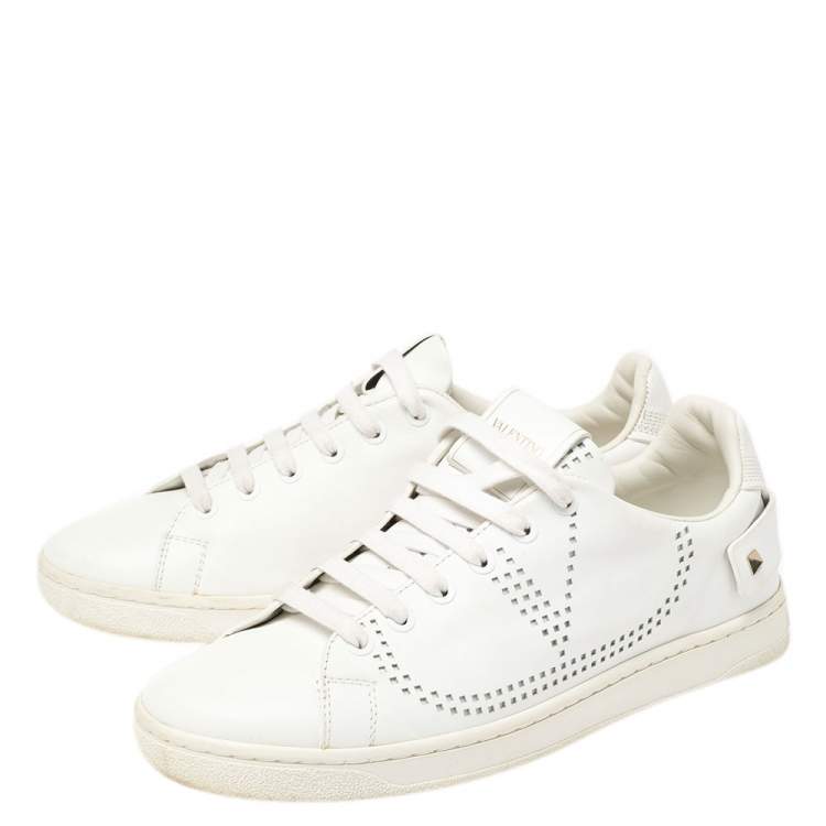 Pre Owned  Valentino White V-Logo Leather Rockstud Sneakers Size 38