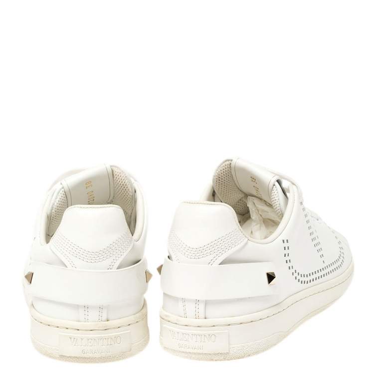 Pre Owned  Valentino White V-Logo Leather Rockstud Sneakers Size 38