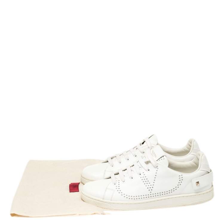 Pre Owned  Valentino White V-Logo Leather Rockstud Sneakers Size 38