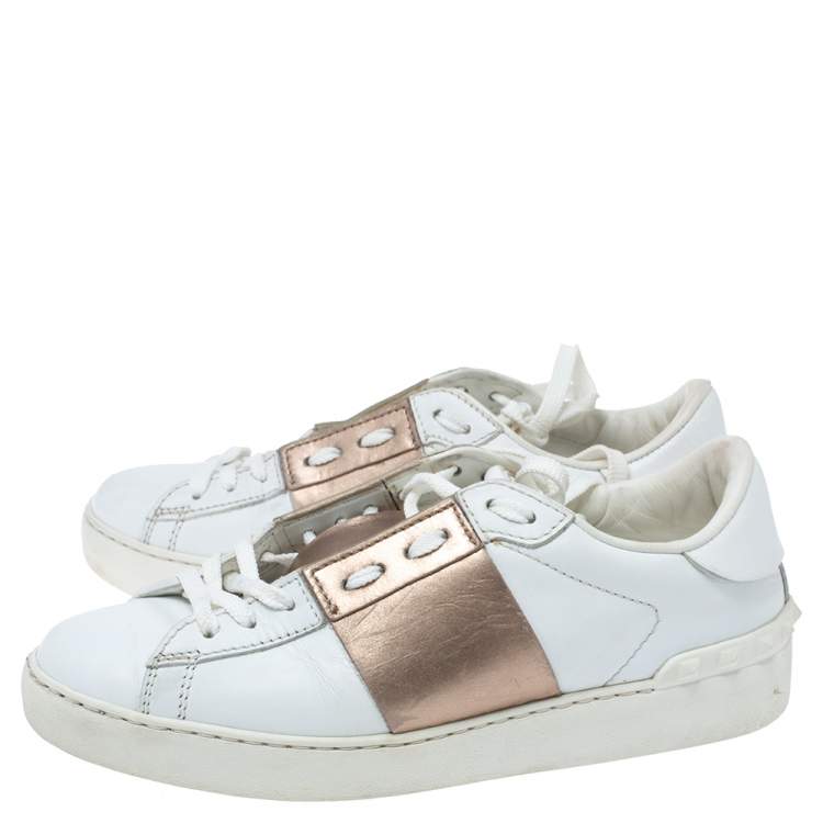 Pre Owned Valentino White and Metallic Gold Band Leather Open Low Top Sneakers Size 37