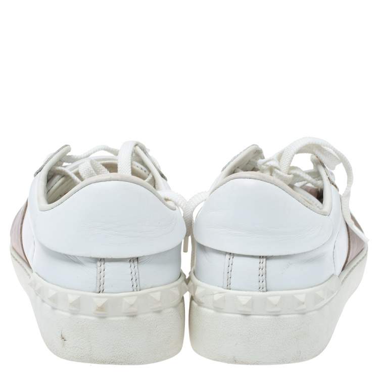 Pre Owned Valentino White and Metallic Gold Band Leather Open Low Top Sneakers Size 37