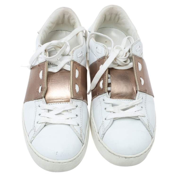 Pre Owned Valentino White and Metallic Gold Band Leather Open Low Top Sneakers Size 37