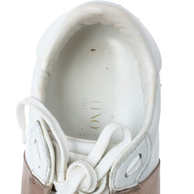 Pre Owned Valentino White and Metallic Gold Band Leather Open Low Top Sneakers Size 37