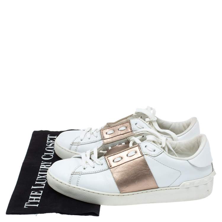 Pre Owned Valentino White and Metallic Gold Band Leather Open Low Top Sneakers Size 37