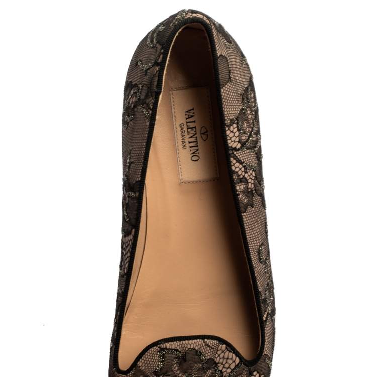 Pre Owned Valentino Black Glitter Lace Smoking Slippers Size 38.5