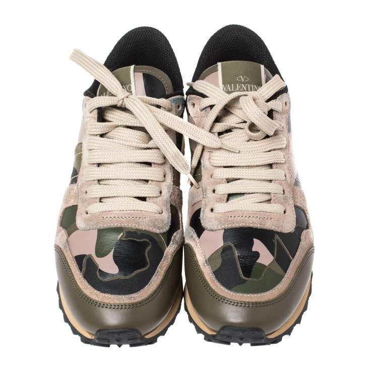 Pre Owned Valentino Multicolor Suede And Leather Camouflage Rockrunner Low Top Sneakers Size 37.5