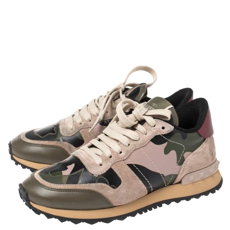 Pre Owned Valentino Multicolor Suede And Leather Camouflage Rockrunner Low Top Sneakers Size 37.5