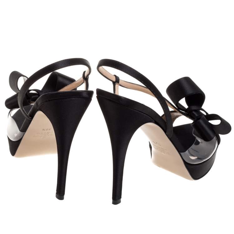 Pre Owned Valentino Black Satin And PVC Bow Open Toe Slingback Sandals Size 39.5