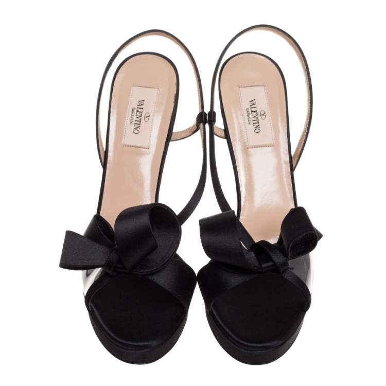 Pre Owned Valentino Black Satin And PVC Bow Open Toe Slingback Sandals Size 39.5