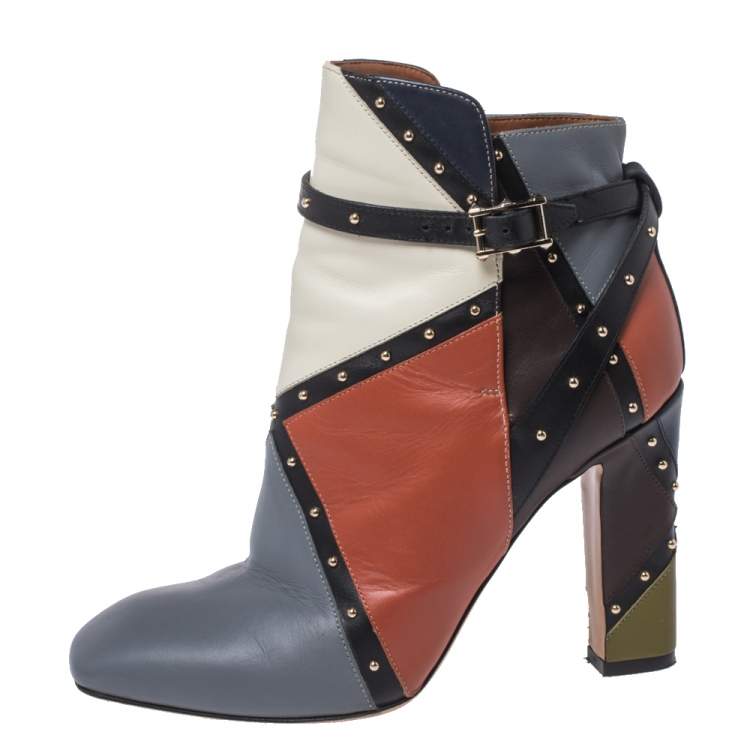 Multicolor Studded Paneled Leather Ankle Boots Size 37 Valentino