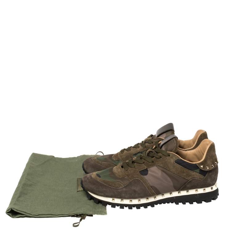 Pre Owned Valentino Military Green Camouflage Nylon and Suede Rockrunner Sneakers Size 39.5