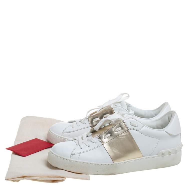 Pre Owned Valentino White/Gold Band Leather Open Low Top Sneakers Size 38.5