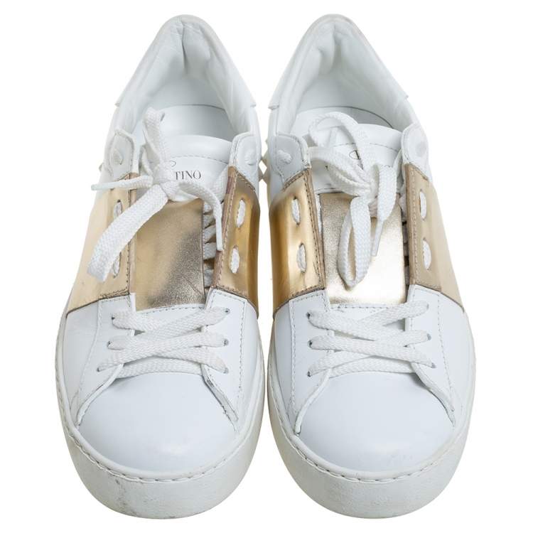 Pre Owned Valentino White/Gold Band Leather Open Low Top Sneakers Size 38.5