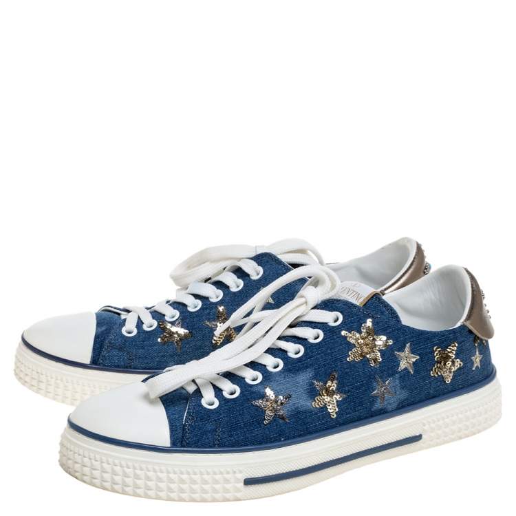 Pre Owned Valentino Blue Denim Sequin Low Top Sneakers Size 40