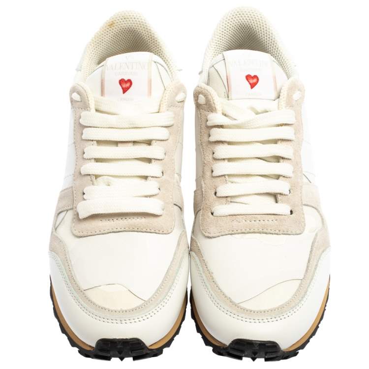 Pre Owned Valentino White/Grey Suede Leather And Canvas L'Amour Rockrunner Low Top Sneakers 38