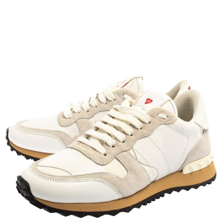 Pre Owned Valentino White/Grey Suede Leather And Canvas L'Amour Rockrunner Low Top Sneakers 38
