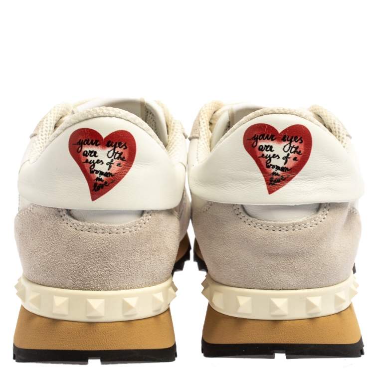 Pre Owned Valentino White/Grey Suede Leather And Canvas L'Amour Rockrunner Low Top Sneakers 38