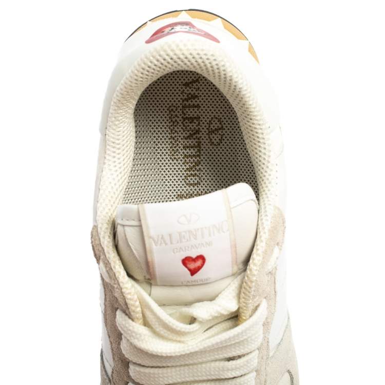 Pre Owned Valentino White/Grey Suede Leather And Canvas L'Amour Rockrunner Low Top Sneakers 38