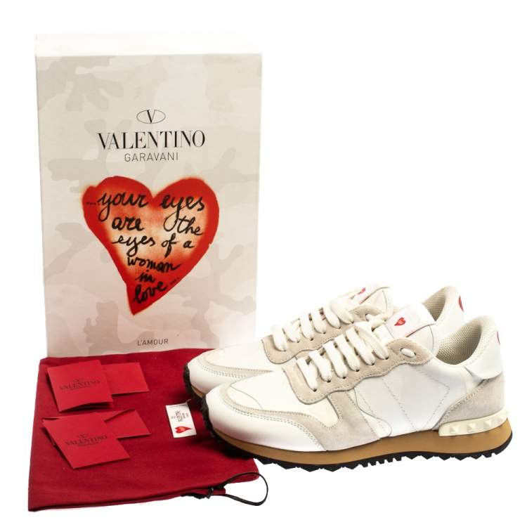 Pre Owned Valentino White/Grey Suede Leather And Canvas L'Amour Rockrunner Low Top Sneakers 38
