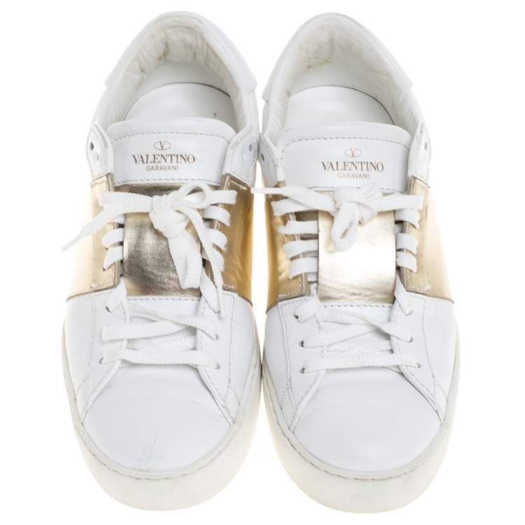 Pre Owned Valentino White Leather Rockstud Low Top Sneakers Size 38